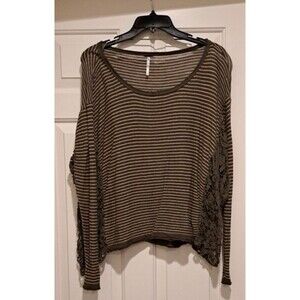 Free People Olive & Tan Striped Long Sleeve with Knit/ Crochet Sides Size Medium